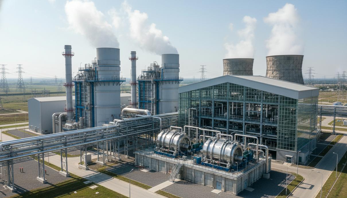 Промышленный пейзаж современной газовой электростанции с крупными котлами и турбинными залами
