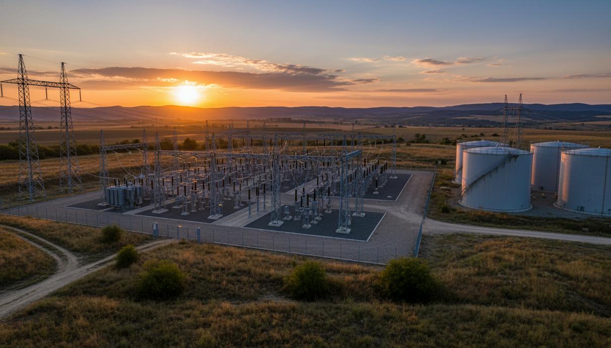 Электрическая подстанция и линии электропередачи на фоне промышленного пейзажа и заката