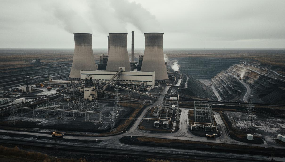 Угольная электростанция с массивными градирнями и промышленными постройками на фоне открытого разреза