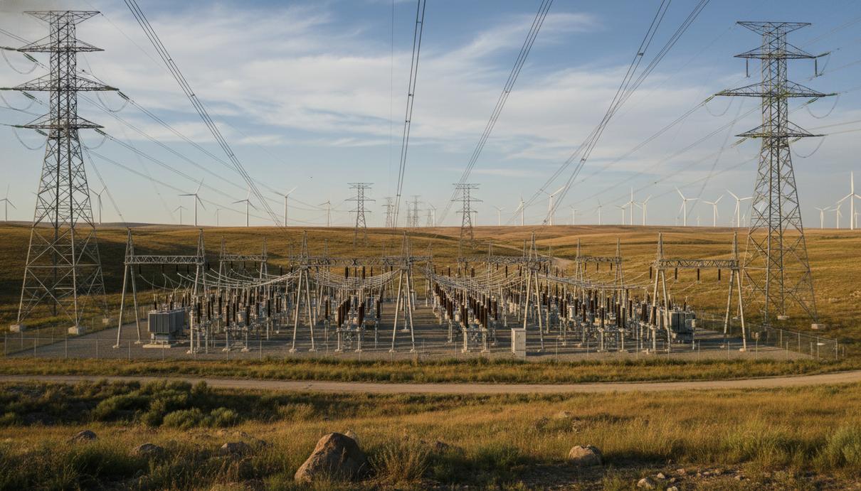 Электрическая подстанция и опоры высоковольтных линий электропередачи на фоне равнинного пейзажа