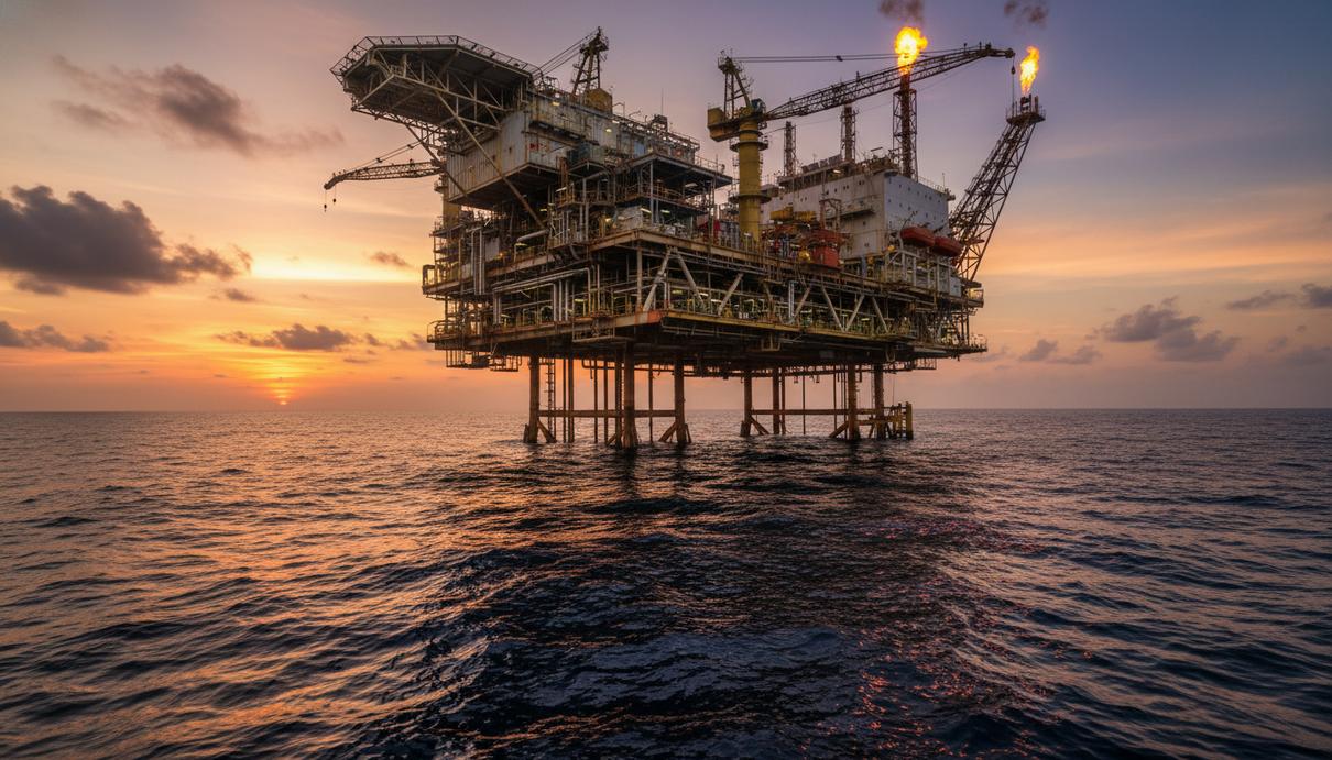 Нефтедобывающая платформа на глубоководном шельфе Нигерии в Атлантическом океане на закате.