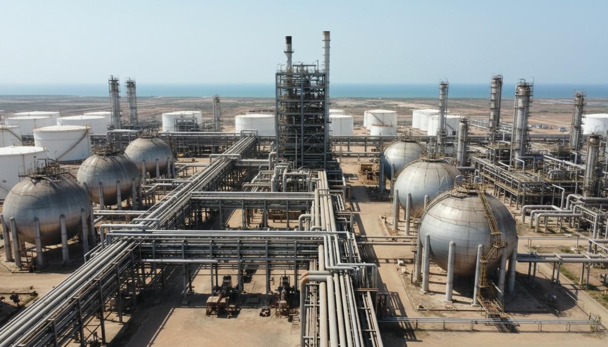 Вид на современный нефтеперерабатывающий завод с промышленными установками и резервуарами.