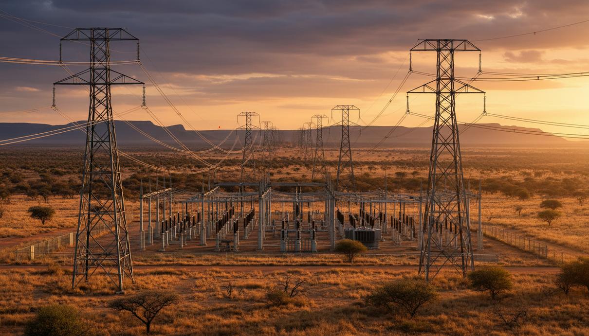 Масштабные опоры линий электропередачи и подстанция на фоне природного ландшафта ЮАР