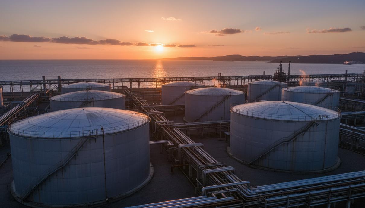 Крупные промышленные резервуары для нефти и сеть трубопроводов в портовом терминале на берегу моря.