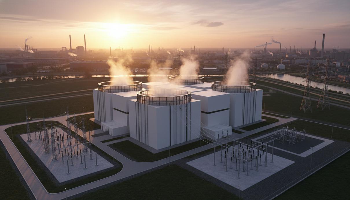 Современная атомная станция с малым модульным реактором в промышленной зоне на фоне заката