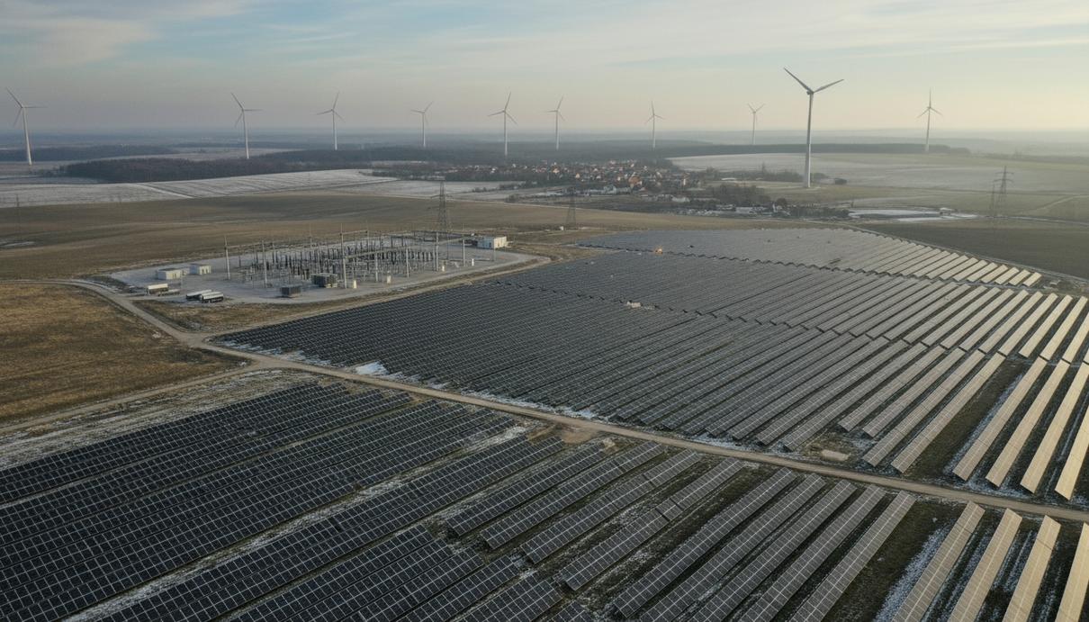Солнечные батареи и ветряные электростанции на открытом поле в Германии под дневным небом