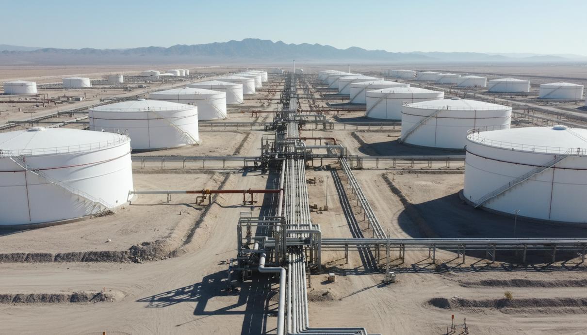 Массивные белые резервуары для хранения нефти и промышленные трубопроводы в пустыне