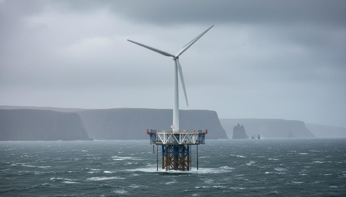 Плавучая ветряная турбина в море на фоне туманного берега и скал