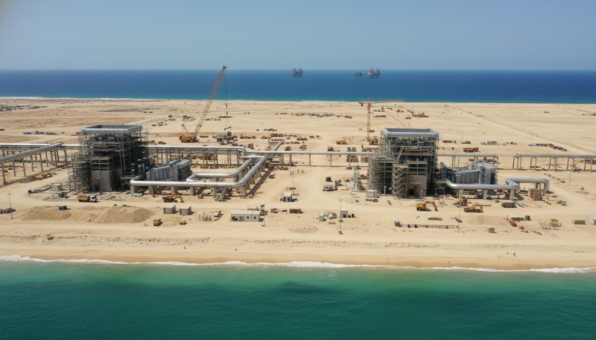 Современная газовая электростанция на песчаном побережье океана в Мавритании