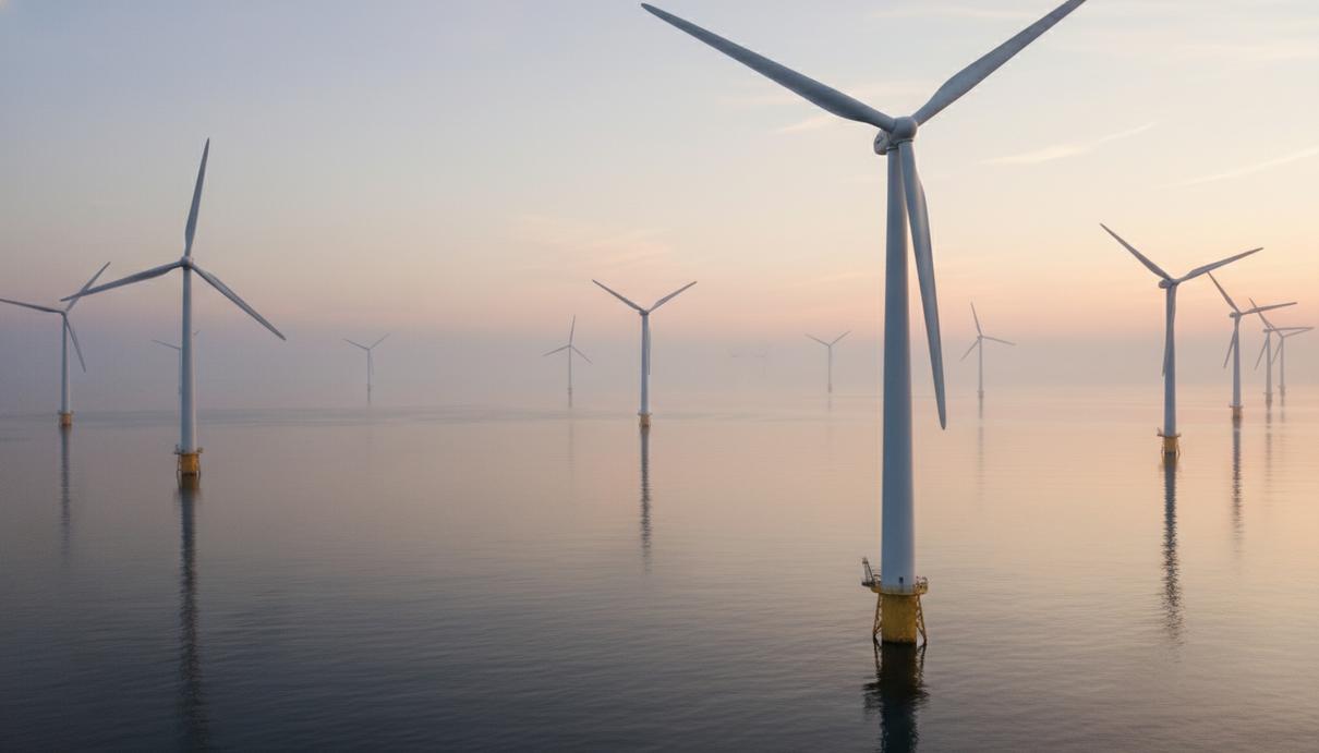 Группа массивных белых ветрогенераторов морской ветроэлектростанции в открытом море в утреннем тумане