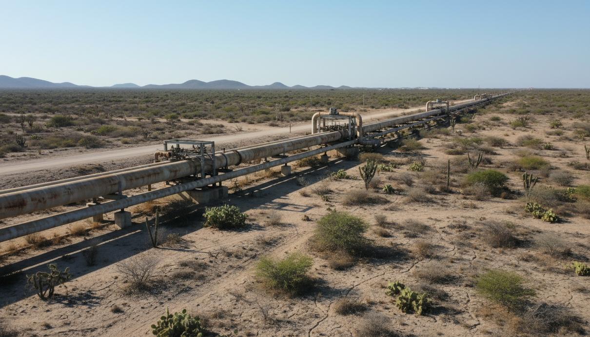 Участок газопровода с металлическими трубами и техническими узлами на фоне засушливой местности.