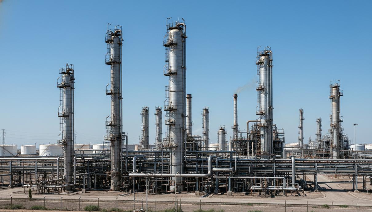 Промышленные колонны и трубопроводы нефтеперерабатывающего комплекса под открытым небом