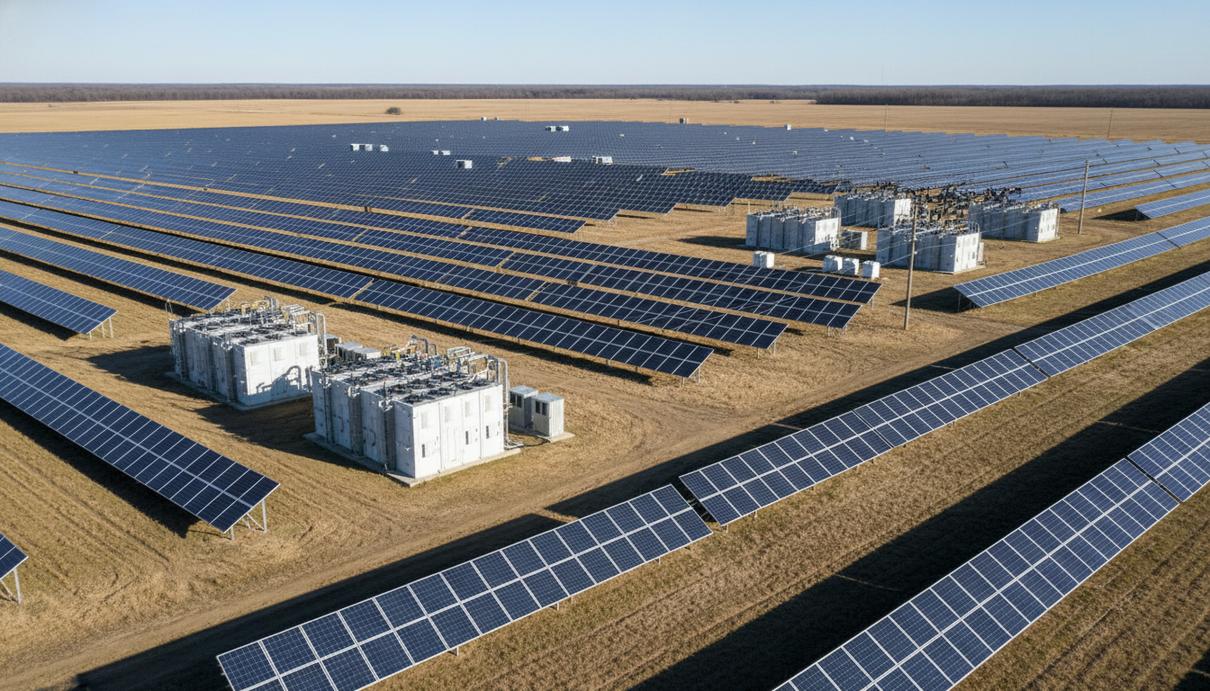 Массив солнечных панелей и блоки промышленных аккумуляторов на открытой местности в Арканзасе