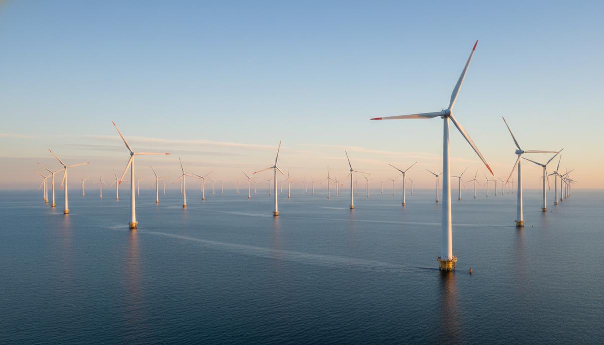 Морские ветряные турбины в открытом море на фоне горизонта и ясного неба