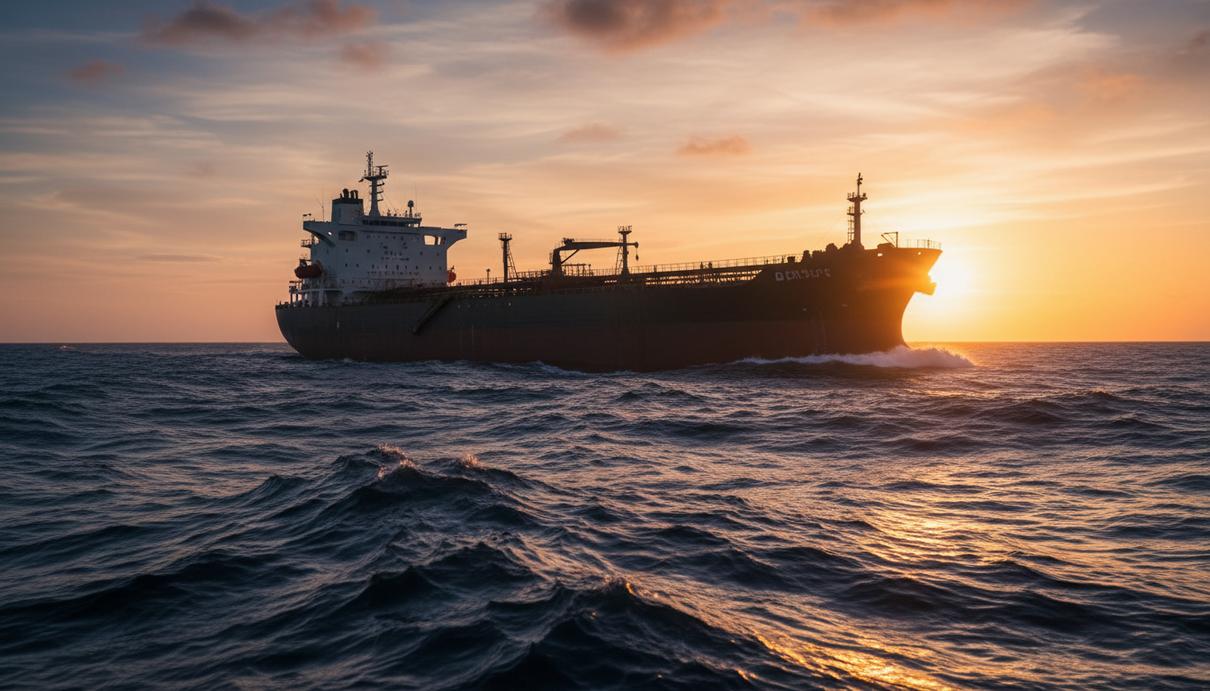 Крупный нефтяной танкер в открытом море на фоне закатного неба и волн
