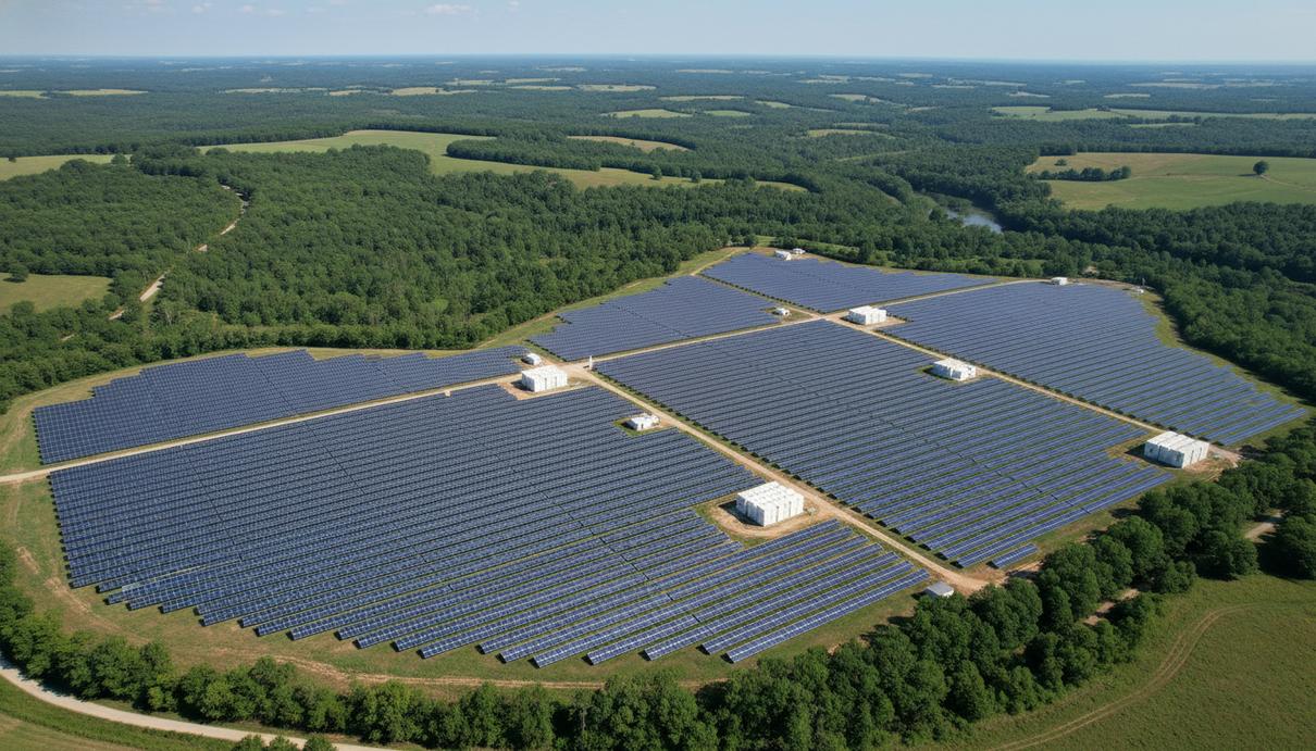 Панорамный вид на солнечную электростанцию и промышленные системы хранения энергии в штате Арканзас
