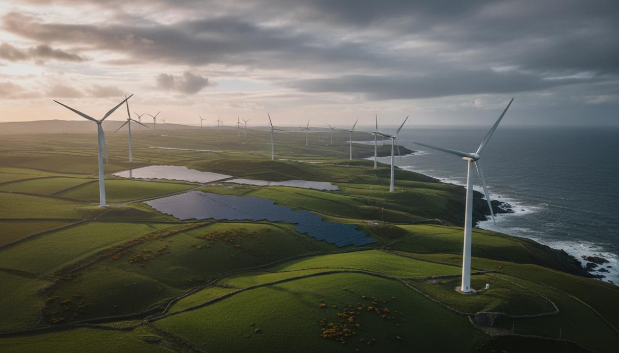 Ветровые турбины и солнечные панели на зеленых холмах Ирландии под облачным небом