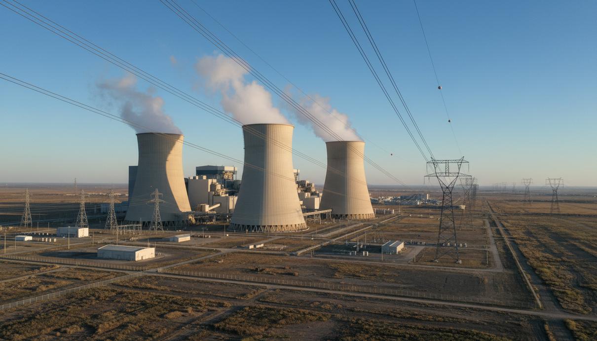 Атомная электростанция с высокими градирнями и линиями электропередачи на открытой местности