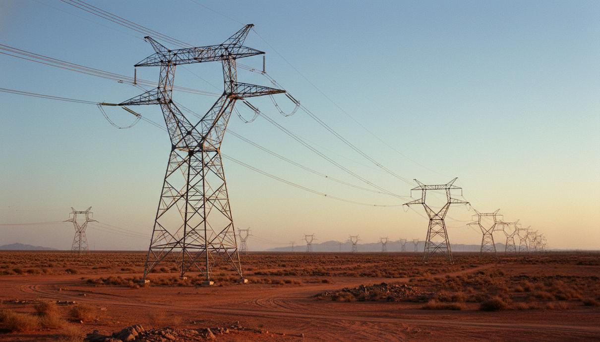 Высоковольтные линии электропередачи и стальные мачты на фоне открытой равнины в Индии
