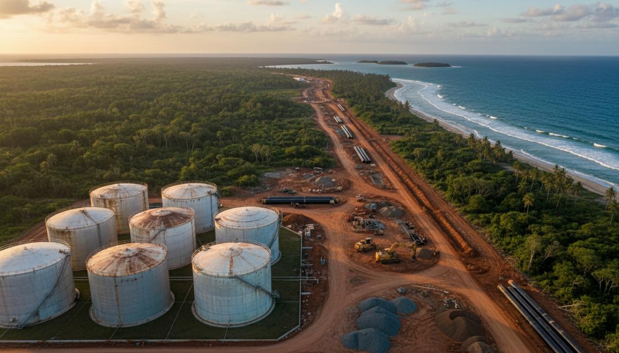 Промышленный объект с крупными резервуарами для хранения топлива и участком трубопровода на побережье