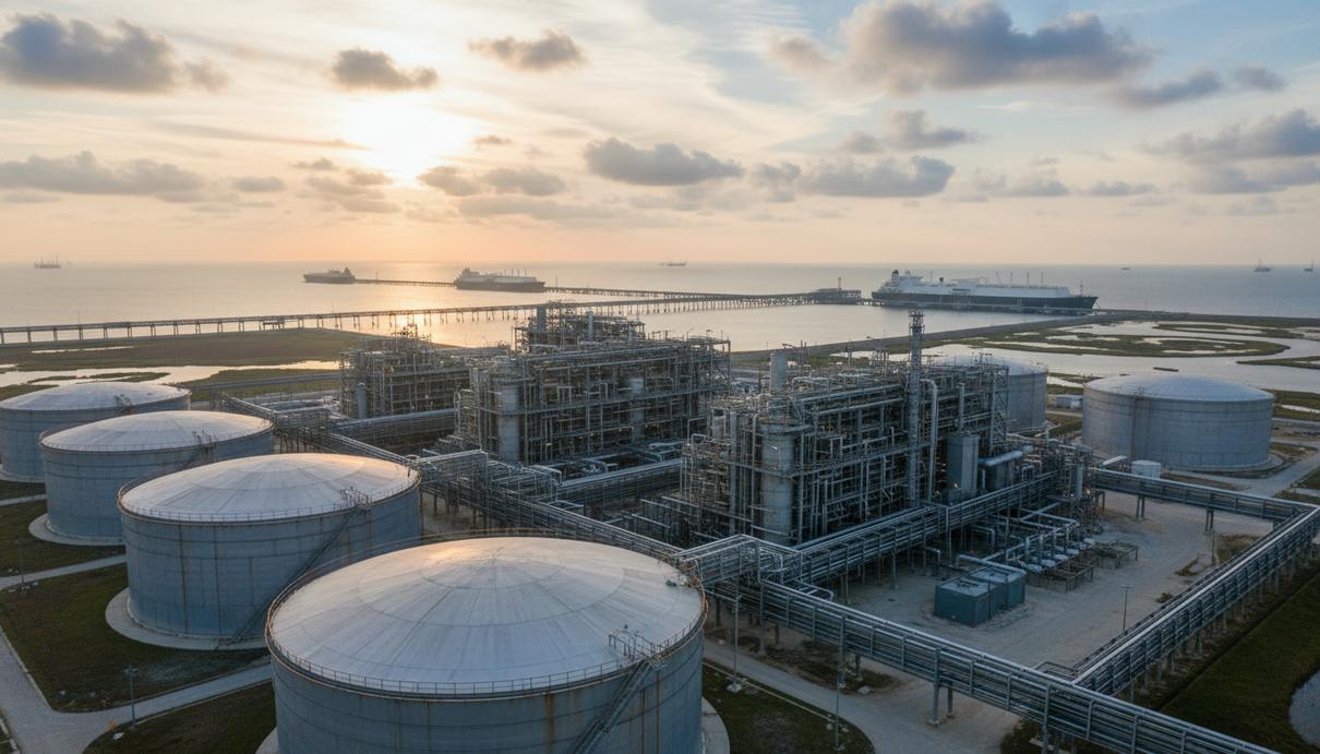 Терминал по сжижению природного газа с промышленными установками и резервуарами в Луизиане
