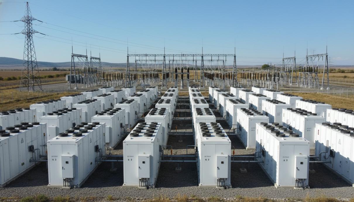 Ряды белых контейнеров системы накопления энергии и электрические трансформаторы на фоне неба в Румынии