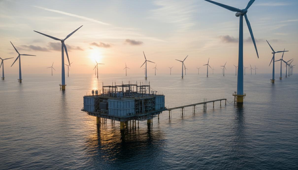 Морские ветряные турбины и энергетическая платформа в океане у побережья США