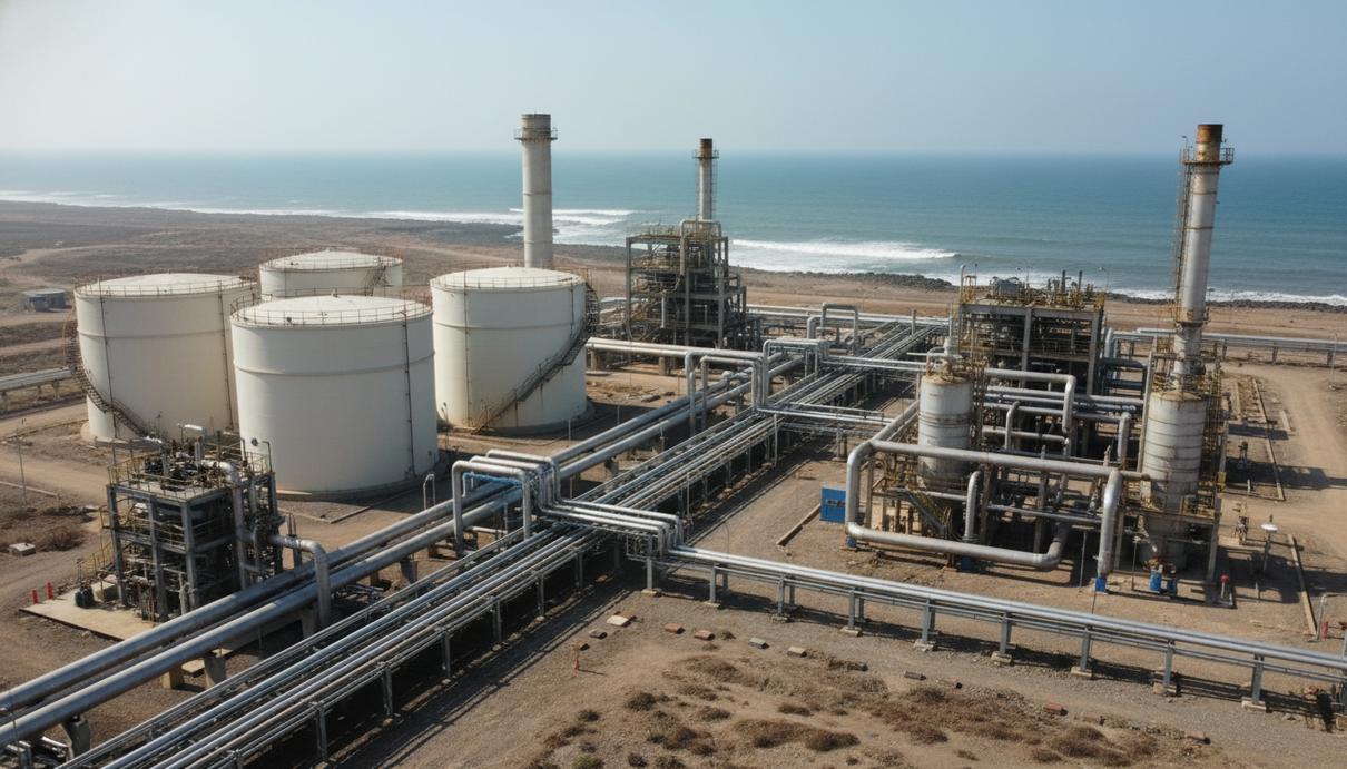 Газоперерабатывающий завод и сеть промышленных трубопроводов на побережье Анголы