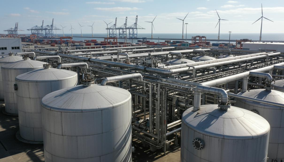 Промышленный комплекс по производству водорода с трубопроводами и ветряными турбинами на горизонте