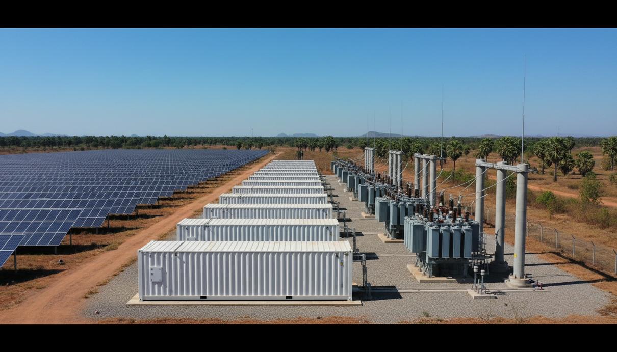 Белые контейнеры системы накопления энергии и электрические трансформаторы на фоне солнечных панелей