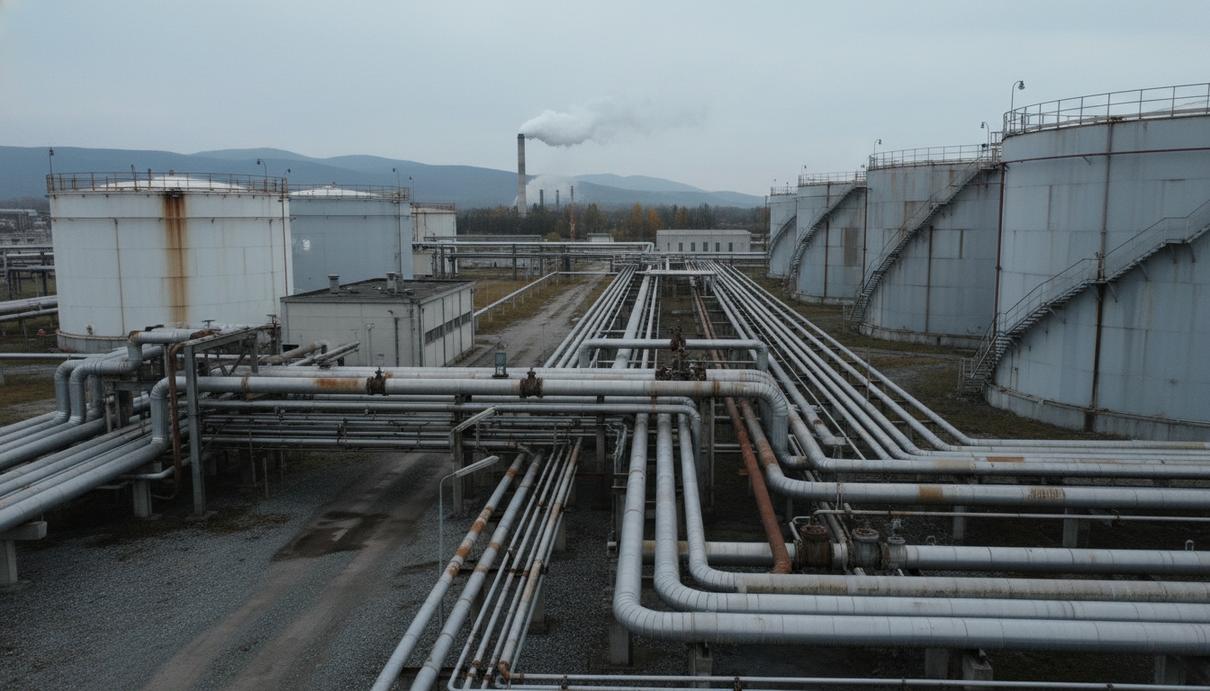 Промышленные стальные трубы и крупные топливные резервуары на территории нефтеперерабатывающего завода