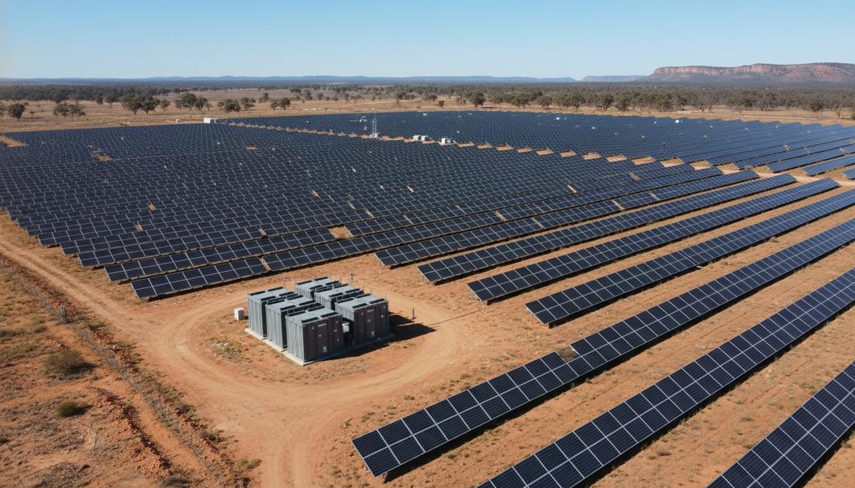 Ряды солнечных панелей и блоки промышленных аккумуляторов на фоне засушливого ландшафта в Австралии