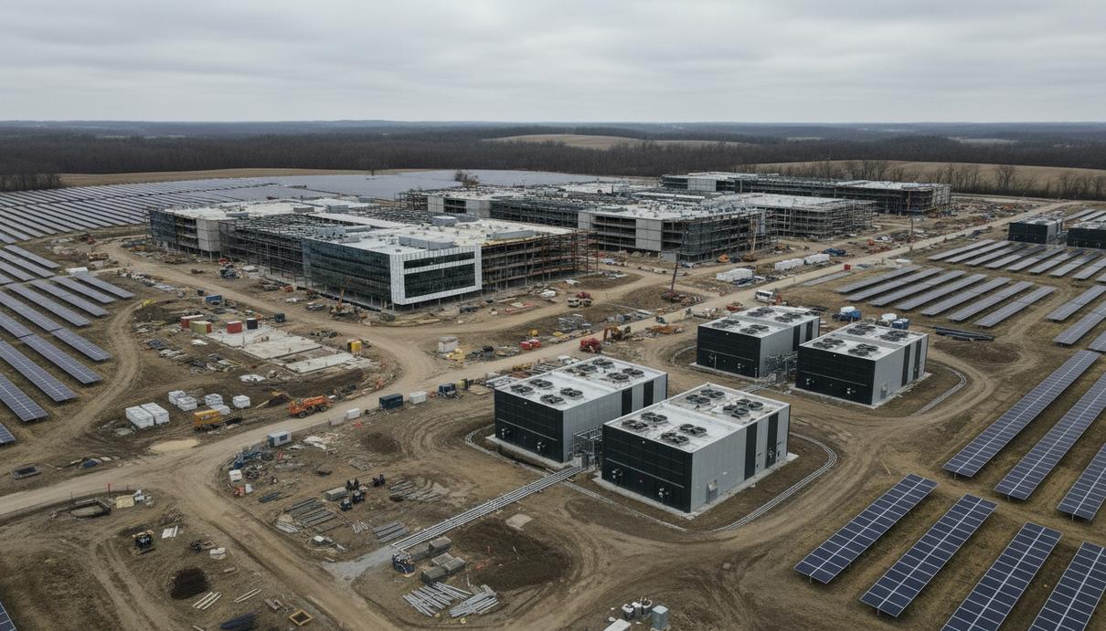 Строительная площадка центра обработки данных и массив солнечных панелей на открытой местности в Мичигане.