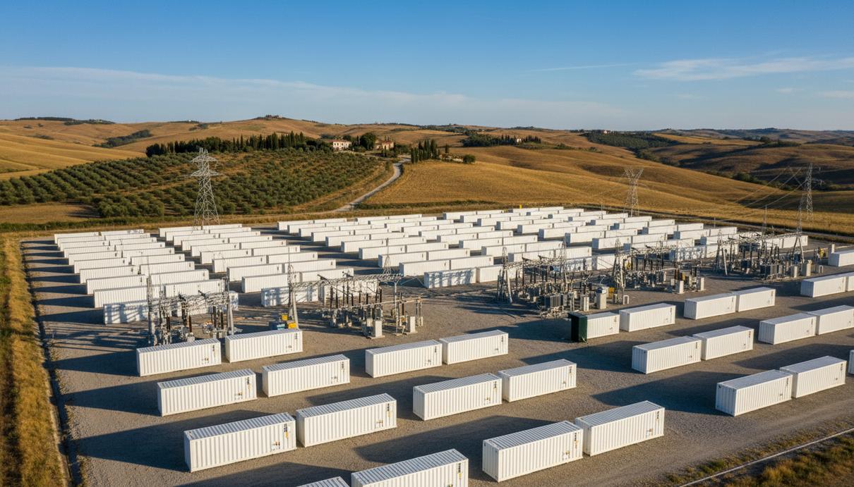 Промышленная площадка с рядами белых контейнеров системы накопления энергии и электрическими подстанциями