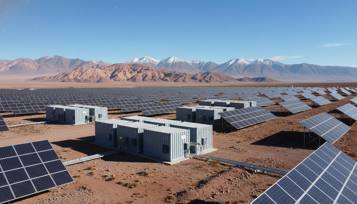Солнечные панели и промышленные блоки аккумуляторов в пустыне Атакама на фоне горных хребтов.