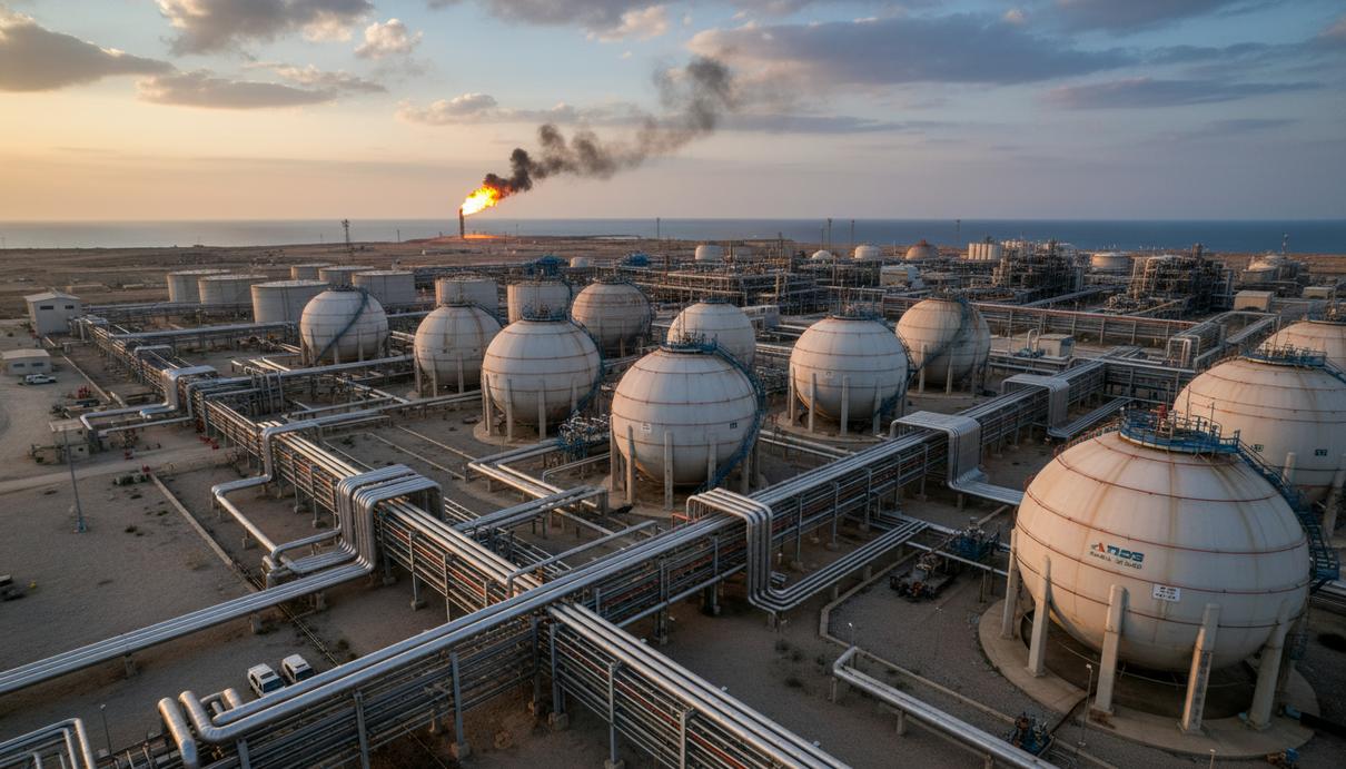 Газораспределительная станция с металлическими резервуарами и сетью труб на морском побережье.