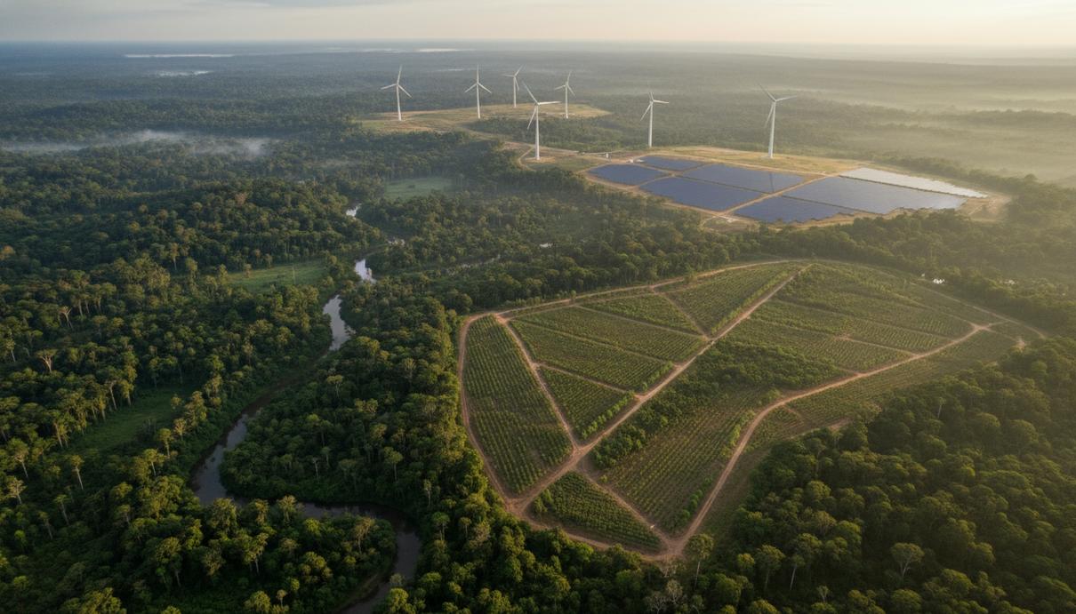 Панорама тропических лесов Амазонии с участком восстановления растительности и солнечными батареями