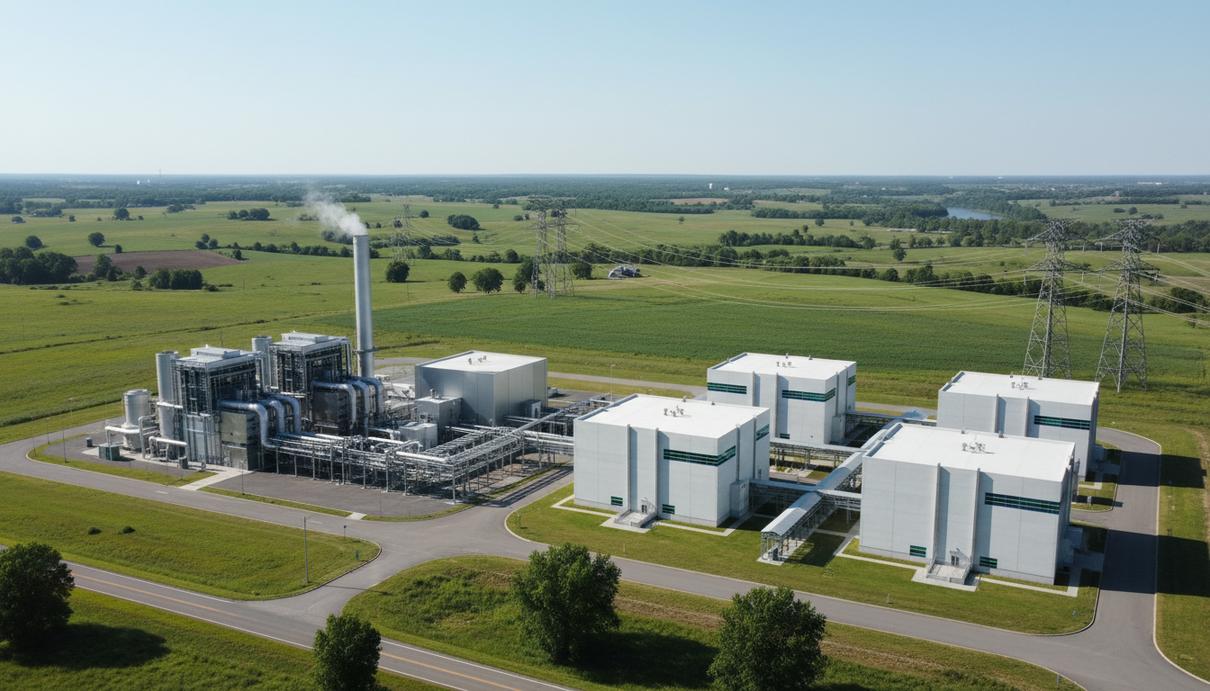 Современная газовая электростанция и атомные реакторы на фоне сельских ландшафтов с линиями электропередачи