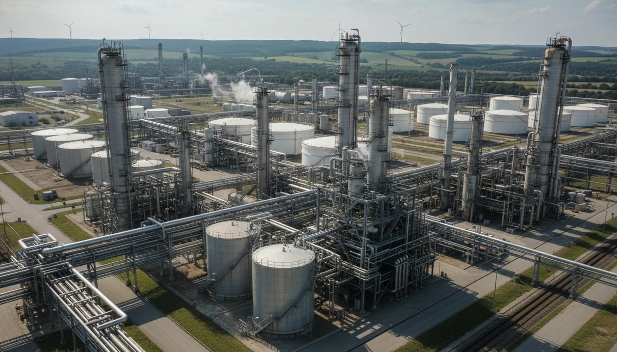 Промышленный комплекс нефтеперерабатывающего завода с высокими колоннами, трубами и резервуарами