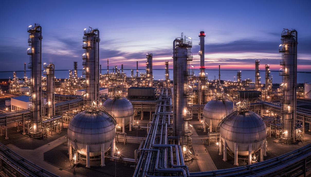 Индустриальный пейзаж с нефтеперерабатывающим заводом, стальными трубами и цистернами в сумерках