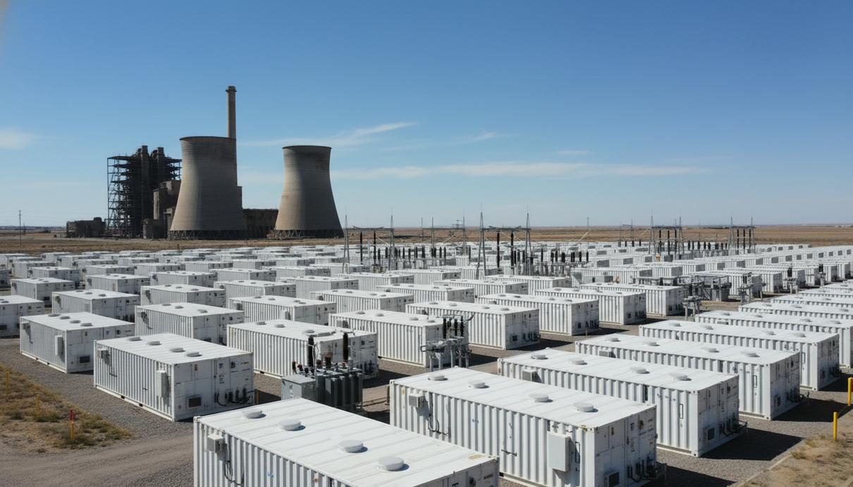 Промышленные контейнеры с аккумуляторами и подстанция на территории бывшей угольной электростанции