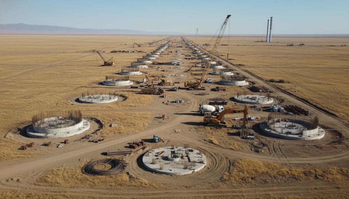 Строительство ветряной электростанции в степях Казахстана с бетонными фундаментами и техникой на фоне горизонта