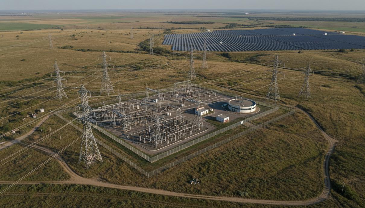 Магистральные линии электропередачи и крупная подстанция на фоне солнечных ферм в Индии.