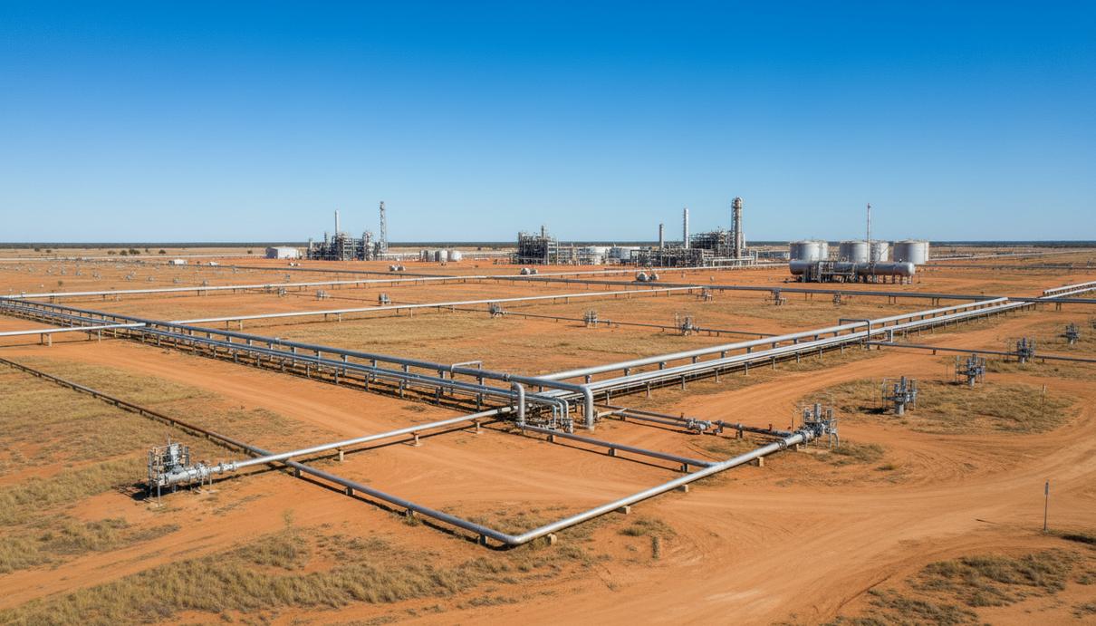 Промышленные газовые скважины и сеть трубопроводов на фоне засушливого ландшафта в штате Квинсленд в Австралии.