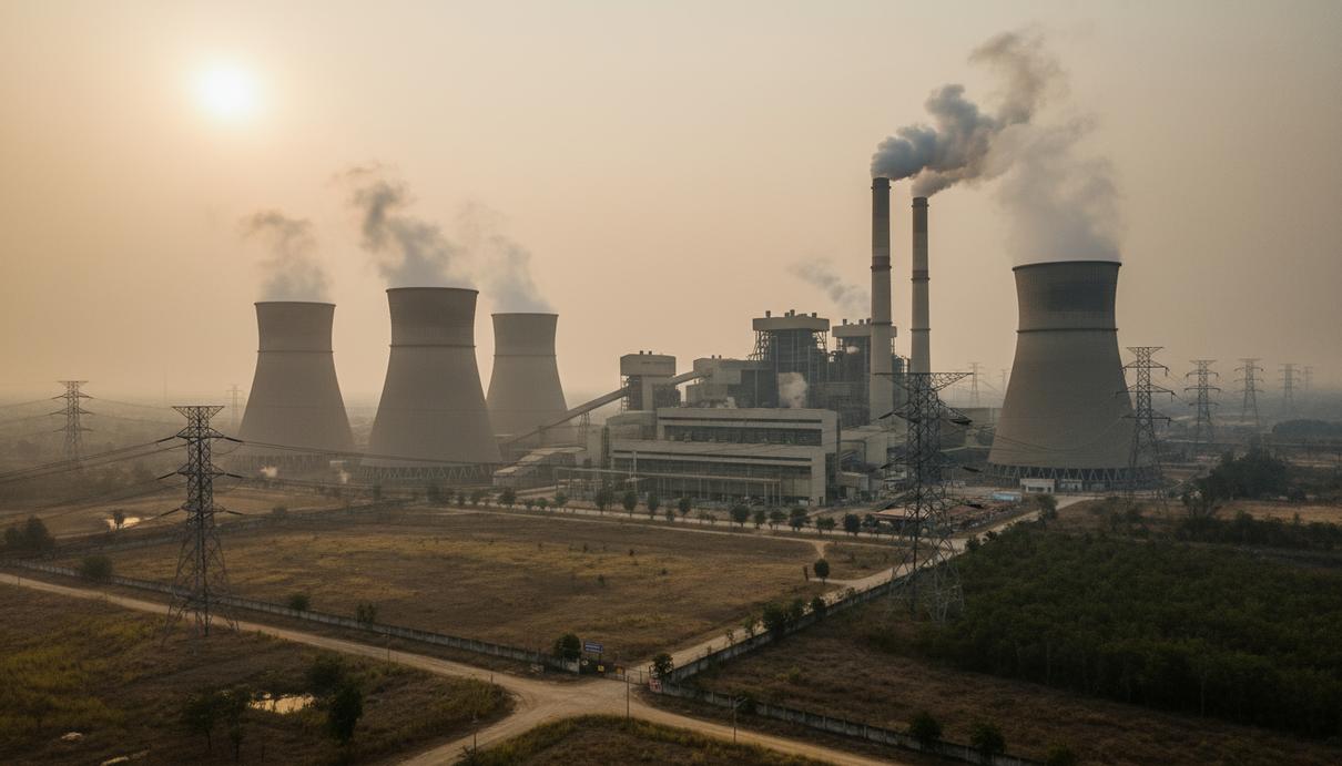 Промышленный вид на угольную электростанцию с высокими дымовыми трубами и градирнями на фоне неба.