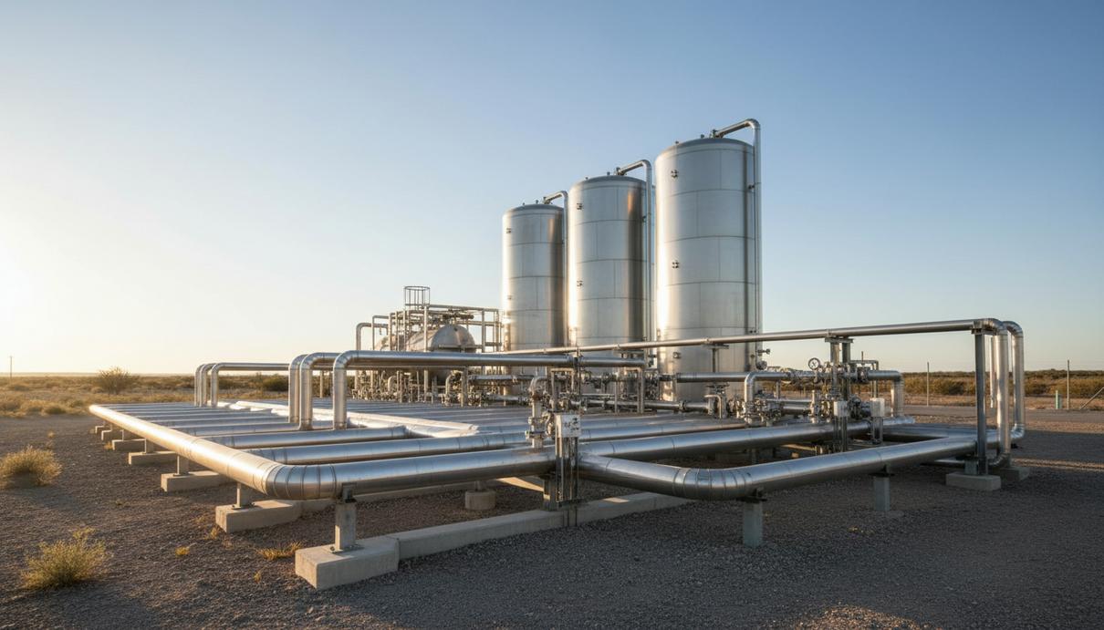 Промышленная площадка с серебристыми трубопроводами и сферическими резервуарами для хранения водорода