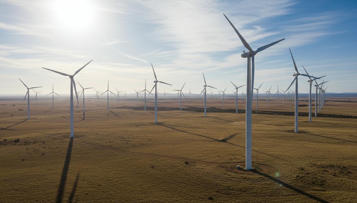 Белые ветряные турбины на фоне засушливого ландшафта и ясного неба в Австралии