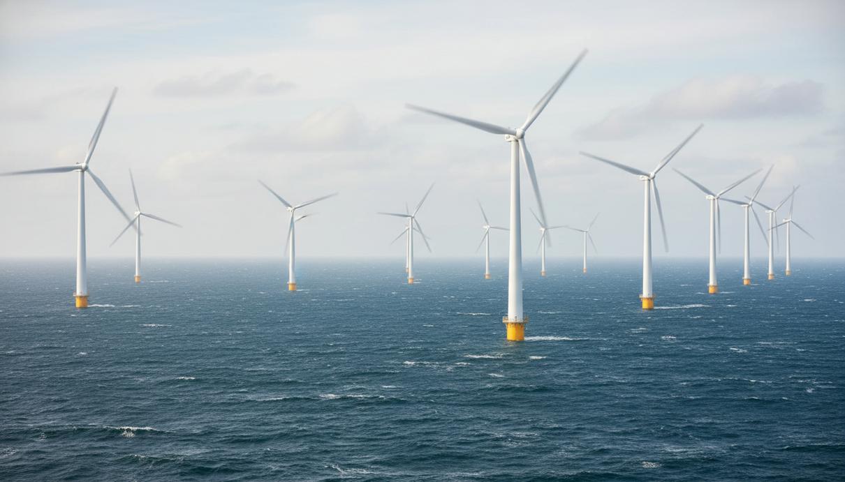 Ряды белых ветрогенераторов в открытом море на фоне туманного горизонта при дневном свете