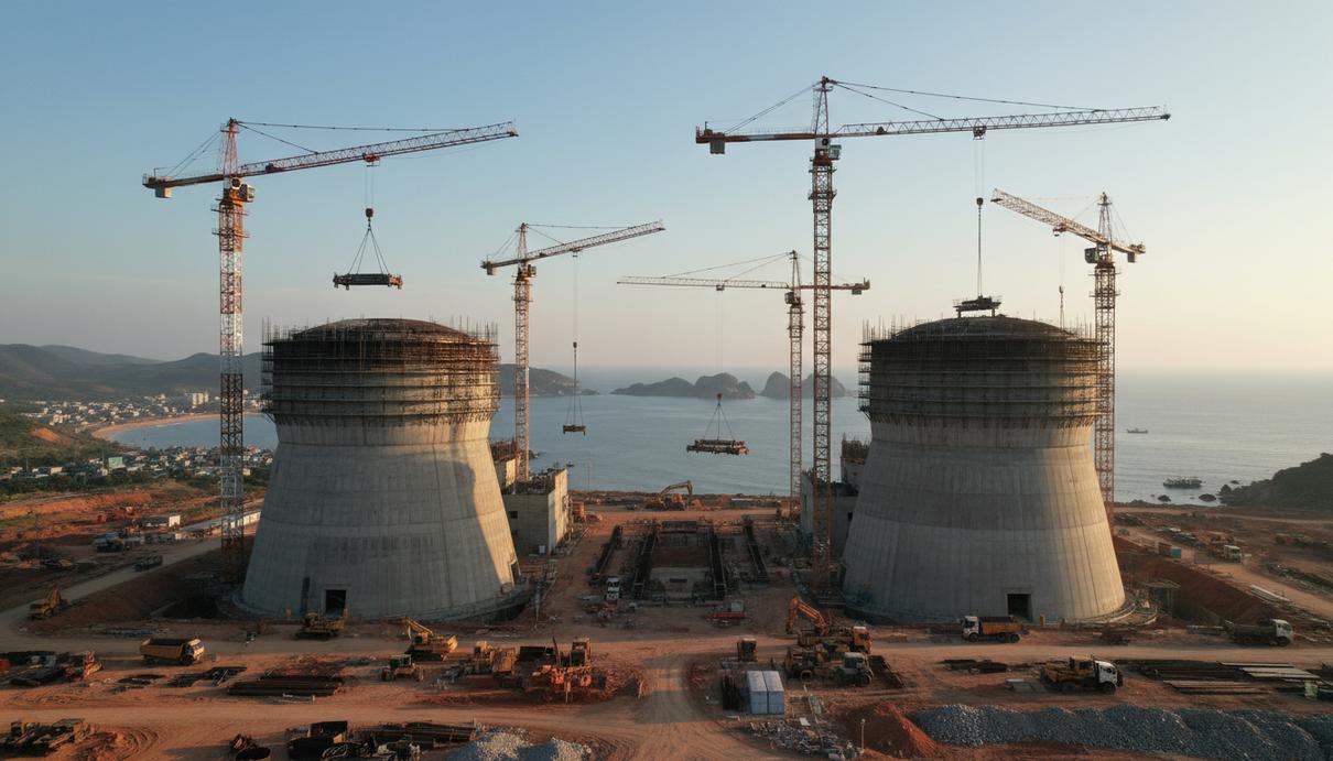 Промышленный пейзаж со строящейся атомной электростанцией и строительными кранами на берегу моря