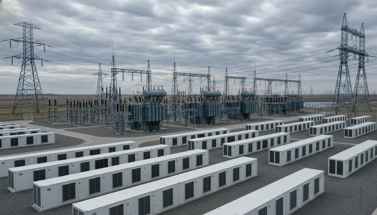 Ряды белых контейнеров с промышленными аккумуляторами и электрические трансформаторы на фоне опор ЛЭП
